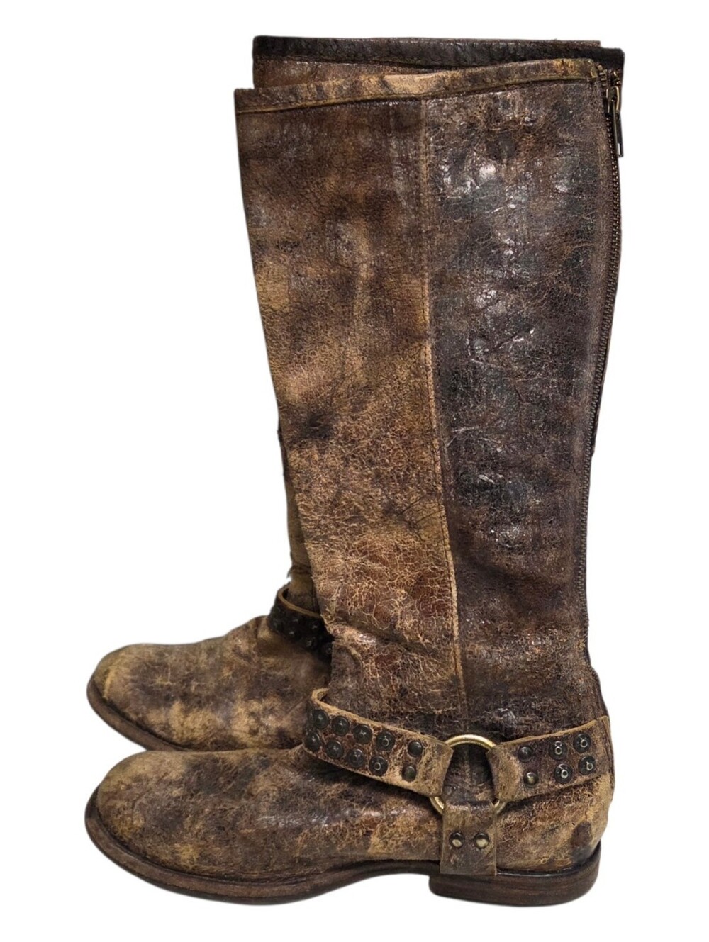 Frye Phillip Studded Distressed Brown Leather Knee High Riding Boots Size 6.5 B